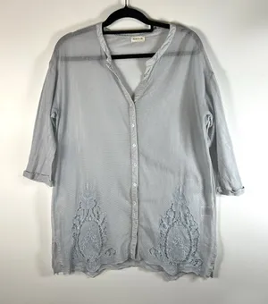 Anthropologie Meadow Rue Mesh Lace Embroidered Shirt Top Sz L Cottagecore Blue‎ thumbnail 1