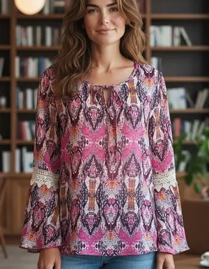 COMO Vintage Top Blouse Tunic SZ L Multicolor Sheer Crochet Bell Sleeves Boho thumbnail 1