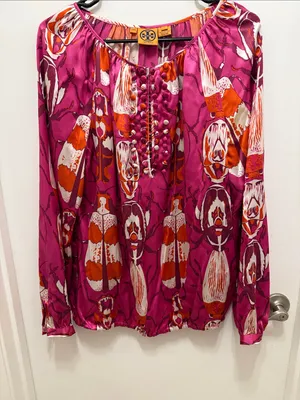Tory Burch Silk Fuchsia Pink Beetle Print Pom-Pom Blouse thumbnail 2