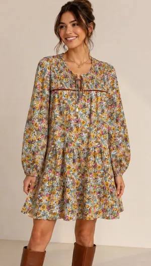 Goodnight Macaroon Mini Dress Women M Yellow Floral‎ Smocked Tiered Cottagecore thumbnail 1