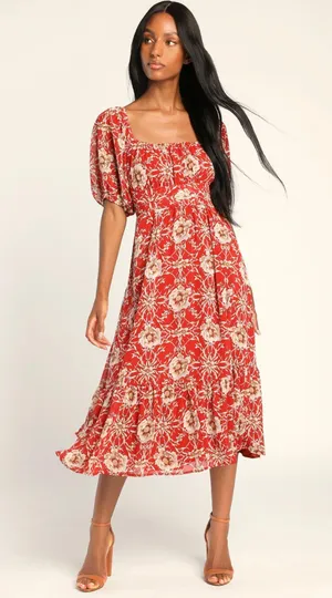 Lulus Rust Red Floral Midi Dress thumbnail 1