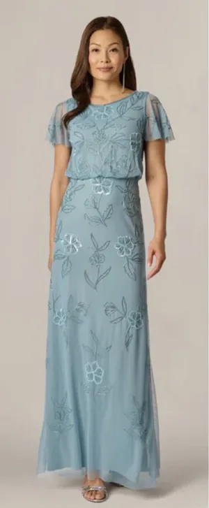Adrianna Papell Boat Neck Short Flutter Sleeve Beaded Blouson Long Dress Size‎ 4 thumbnail 1