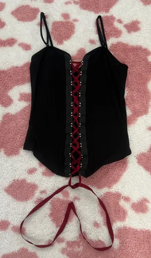 Y2K Black Corset Cami Top Small Goth Coquette Lace Up Bustier Red Ribbon Boned Fairy Grunge Alt Clubwear thumbnail 1