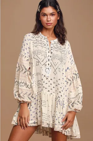 Free People Shibori Ivory‎ Print Long Sleeve Button-Up Tunic thumbnail 1