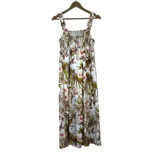 Love Tree Tropical Floral Maxi Dress White Palm Leaf Smocked Boho Size L thumbnail 5