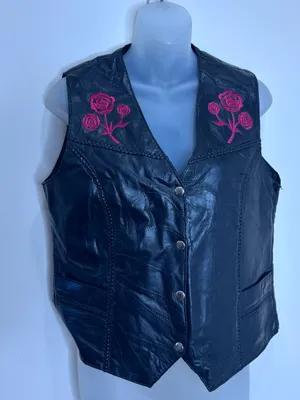 Diamond Plate 100% Buffalo Leather Vest Pink Rose Embroidery Biker small goth Black thumbnail 1