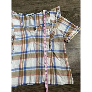 EUC Womens Madewell V‎ Neck Shoulder Ruffle Top In Plaid Short Sleeve Size L thumbnail 8