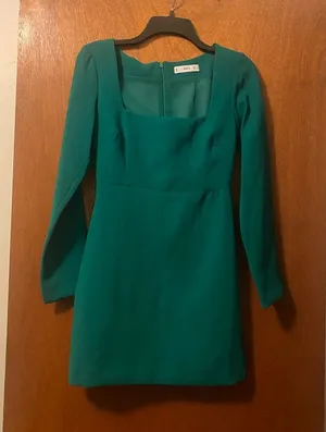 MNG Women's Green Long-Sleeve Square-Neck Dress. XS thumbnail 1