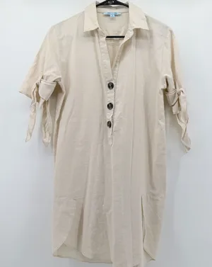 She + Sky Beige Linen Blend Tie Sleeve Button Front Mini Shirt Dress SL9512 S thumbnail 1