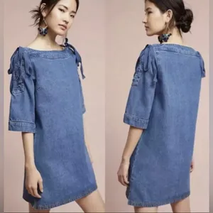 NEW Anthropologie Maeve Denim‎ Mini Shift Dress w/ Lace Up Shoulders Women’s S thumbnail 2