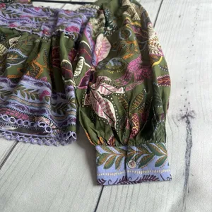 Farm Rio Blouse Top XS Green Jungle Fairy Boho Botanical Tropical‎ Praire Resort thumbnail 8