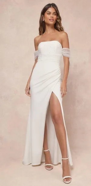 Lulus Profound Glamour Ivory Pearl Off-the-Shoulder Tulip Maxi Dress Size S NWOT thumbnail 1