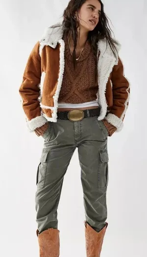 Free‎ People Vegan Leather Shearling Hooded Jacket Small Bohemian Western Winter thumbnail 1