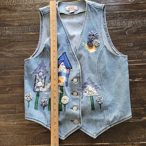 Vtg Apache Denim Vest - Women's Medium USA - BirdHouse/Flowers thumbnail 4