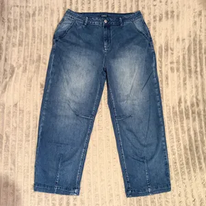 Flamingals Blue Barrel Jeans High Rise Medium Wash Curved Leg Denim Size L thumbnail 2
