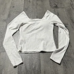 Women's Long Sleeve heart v neck padded shirt top white ribbed coquette small thumbnail 3