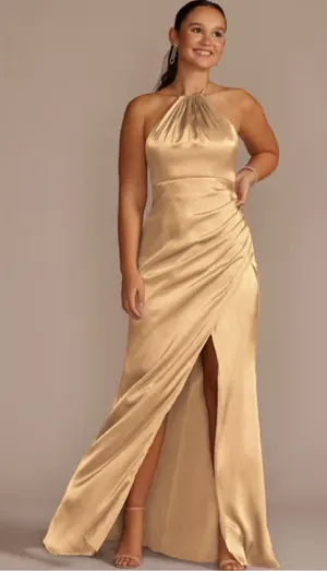 Satin Halter Prom Gown in Gold thumbnail 1