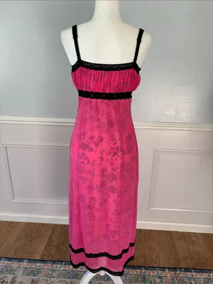 Urban Outfitters Hot Pink Slip Dress with Black Lace Trim Sz Large 90s Y2K Mesh thumbnail 8