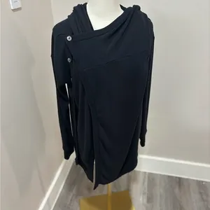 Free People Womens Asymmetrical Button Front Hooded Fleece‎ Top Black XS thumbnail 7