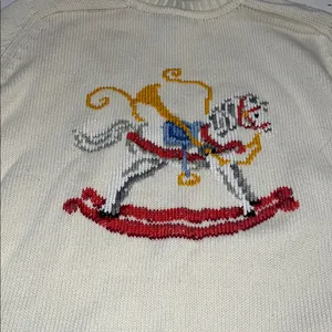 Lands’ End 100% cotton knit sweater with rocking horse. Size L novelty print thumbnail 2