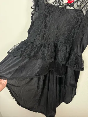 Vintage Stroke of Midnight Black Lace High Low Babydoll Lingerie Top Size L thumbnail 7