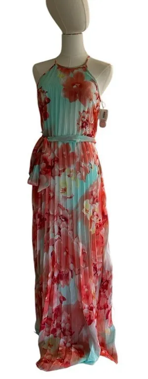 B. Darlin Long Maxi Pleated Dress, Aqua/Coral, Size 1/2, NWT thumbnail 1