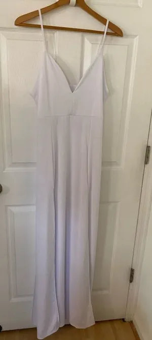NEW Women's White Spaghetti Strap Plunging Long Dress Slits Wedding Medium thumbnail 1