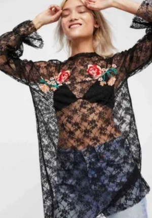 Free People Black Lace Floral Blouse size M thumbnail 1