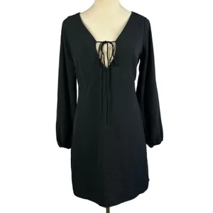 New Abercrombie Fitch Black Long Sleeve Tie Neck Mini Dress‎ Small Boho Party thumbnail 2