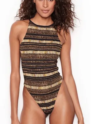 Victoria Sport Womens Gold Black Tribal Print Mesh Back Bodysuit Medium thumbnail 1