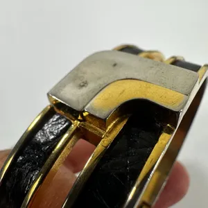 Loewe Gold Tone Black Leather Hinged Bangle Cuff Bracelet 7in Logo Designer thumbnail 10