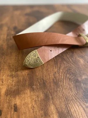 Women's Tan Leather Belt with Ornate Brass Buckle thumbnail 3