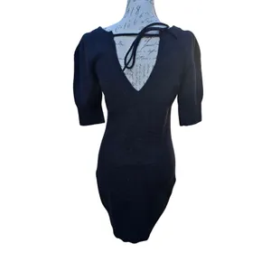 Anthropologie Daily Practice Black Knit Mini Dress‎ Puff Short Sleeve Tie Back S thumbnail 4