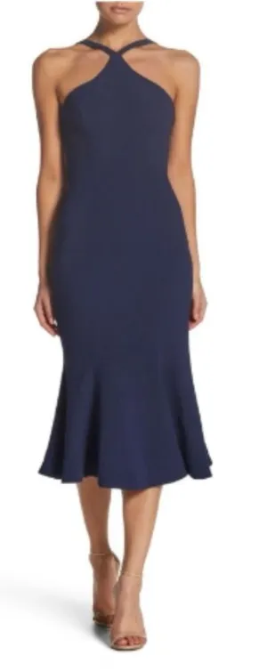 Dress the Population Navy Blue Halter Midi Dress Size Small Fit & Flare thumbnail 1
