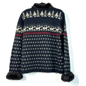 Skyr Wool Nordic Fair Isle Ski Cardigan Sweater Fur Trim M Apres Ski Cabincore thumbnail 3