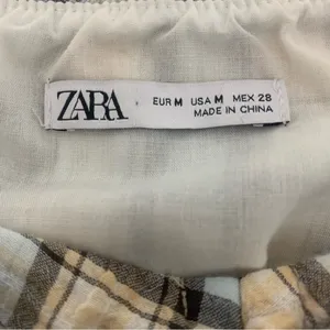 Zara Women's M Blue Cream‎ Plaid Ruched Chic Cottagecore 3/4 Sleeve Blouse thumbnail 8