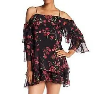 Alice + Olivia Black Floral Silk‎ Chiffon Lexis Sakura Mini Dress Off Shoulder 6 thumbnail 3