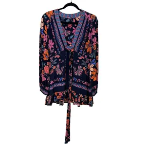 Free People Floral V-Neck Ruffle Mini Dress Tunic Navy Blue Pink Orange OB583849 thumbnail 2