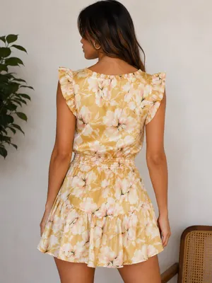 Steve Madden Floral Ruffle Mini Dress Size L Mustard Pink thumbnail 2