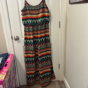 By & By Geometric Aztec Maxi Dress Womens Large Teal Orange Popover Sundress thumbnail 3