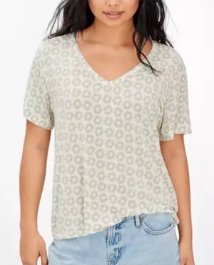 American Eagle Cream Floral Short Sleeve V-Neck Oversized Soft & Sexy Tee thumbnail 1