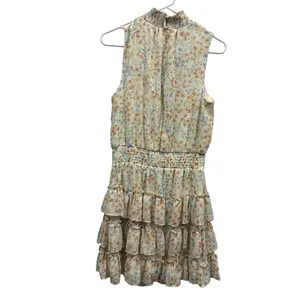 MSK Cream Floral High Neck Sleeveless Ruffled Tiered Mini Dress Womens Medium thumbnail 6