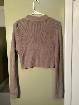 Garage Women’s Sz Large Mock Neck Sweater Cropped Light Brown Waffle Knit Cotton thumbnail 5