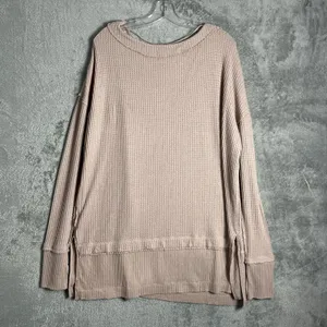 Free People North Shore Thermal Tunic Slouchy Beige Thumbholes Medium Oversized‎ thumbnail 3