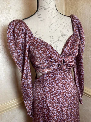ASTR The Label Lainie Dress Floral Cutout Midi Sz S Puff Sleeve Lavender Brown thumbnail 7