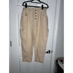 AMADI Anthropoligie 100% Linen Paperbag Wide Leg Cargo Pants Tan Size L‎ thumbnail 2