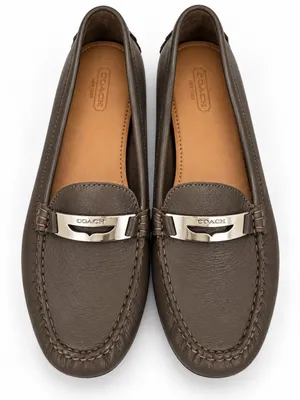 Coach Brown Leather Slip-On Driving Loafers with Silver Hardware Studded Sole thumbnail 1