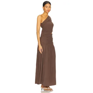 4th & Reckless Yara Maxi Linen Blend Chocolate Ruched Cutout Dress NWT Large thumbnail 6