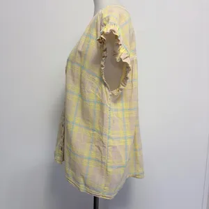 Democracy Blouse 1X Yellow Plaid Ruffle Cap Sleeve Button Front Cottagecore thumbnail 3