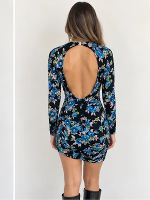 Zara Floral Open Back Bodycon Mini Dress Long Sleeve Y2K Party Size M thumbnail 2